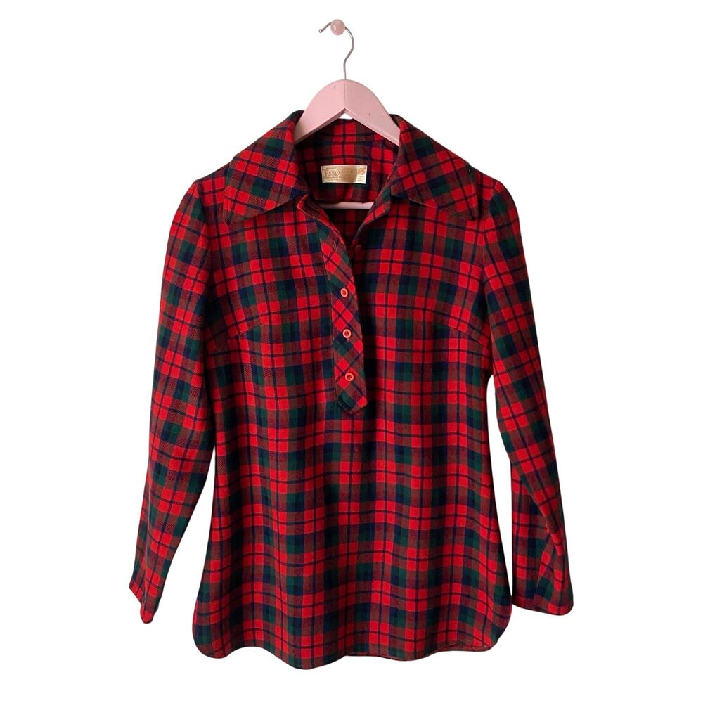 Vintage Pendleton 100% Virgin Wool Plaid Pullover Shirt Red Green Tartan
